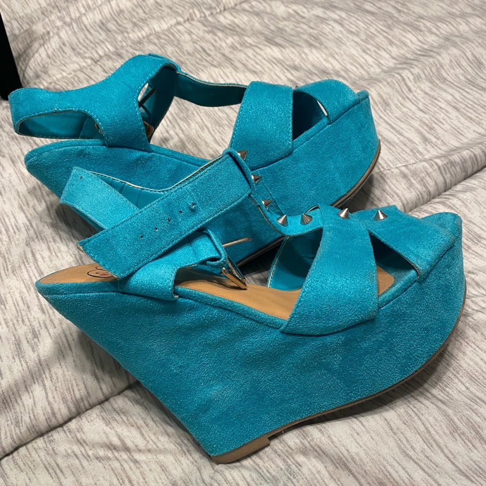 Teal studded wedge heels
